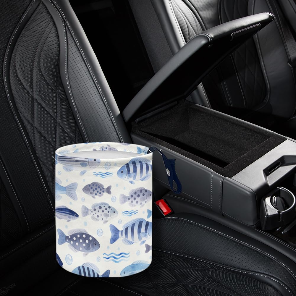 Blue Watercolor Fish Car Trash Can Waterproof Garbage Can Car Seat Back Hanging Trash Bag Portable Camping Garbage Bin Storage Bag Collapsible Trash Container for Vehicle Kitchen Camping