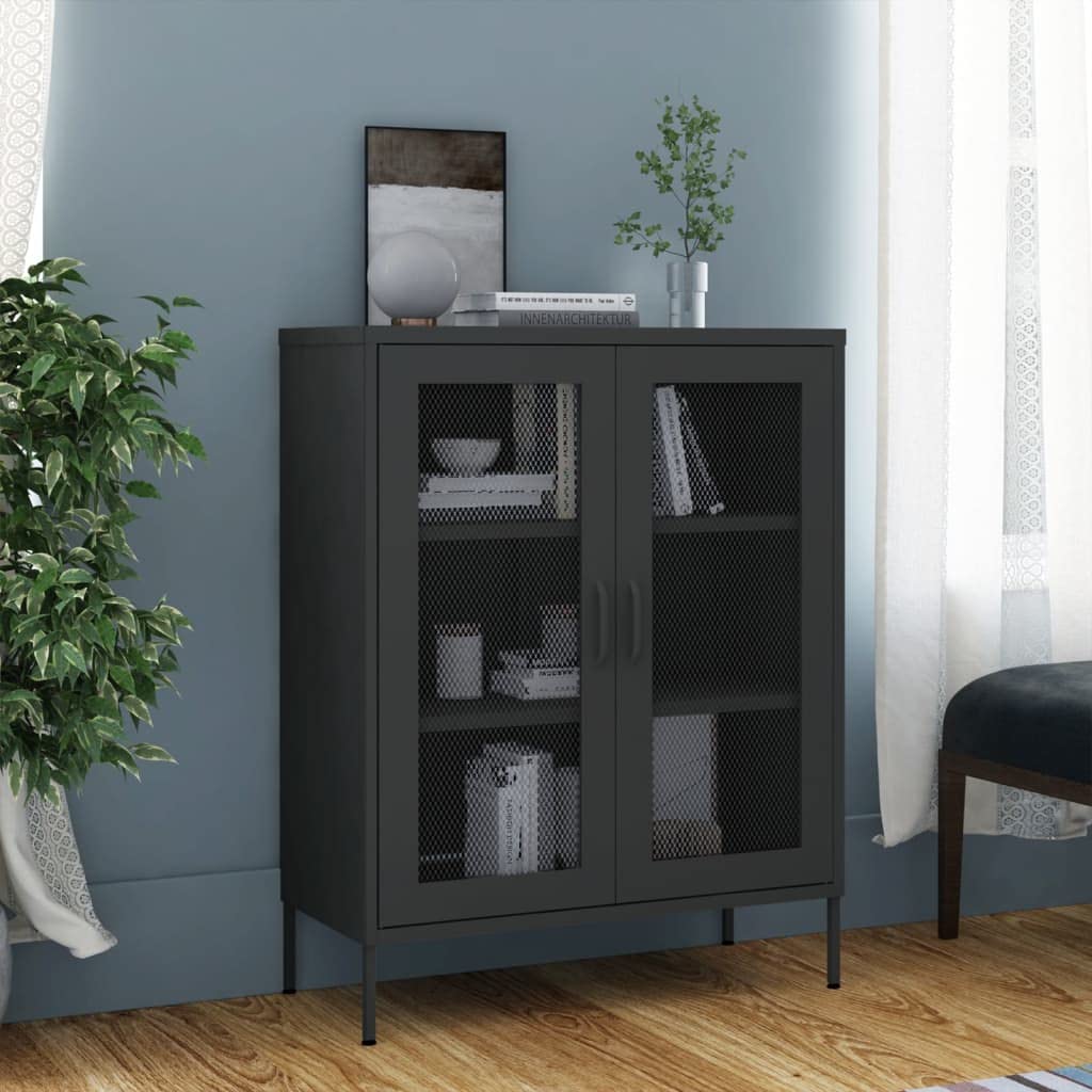 Stalowa szafka magazynowa, antracytowa, 80 x 35 x 101,5 cm, z 2 drzwiami z kratkami i półkami, nóżki z regulacją wysokości, wytrzymały kredens na książki i czasopisma