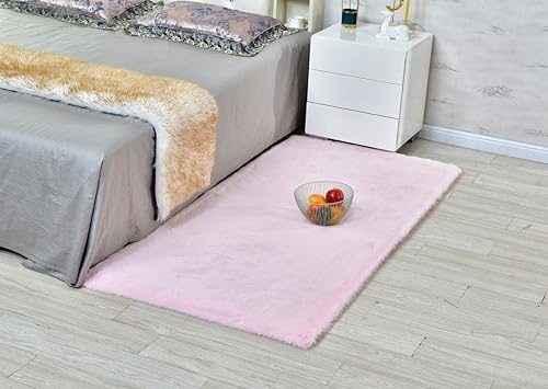 Alfombra de piel sintética de conejo ultra suave con respaldo antideslizante para sala de estar, decoración del piso del dormitorio, color rosa, 2 x