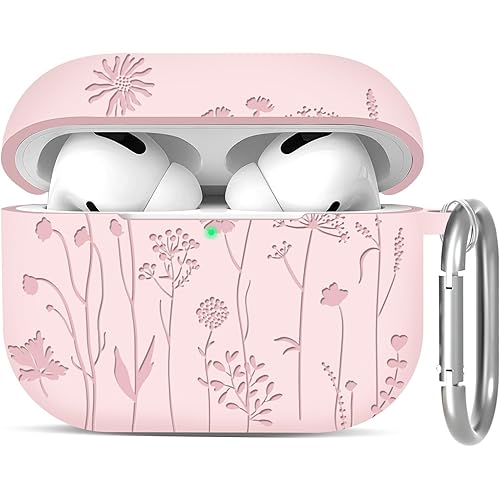 Compatible with AirPods Pro 2nd/1st Case, Cute Silicone Flower Engraved Protective Case Cover with Keychain for Apple AirPod Pro 2&1 Generation, Women Girl Gift, Pink