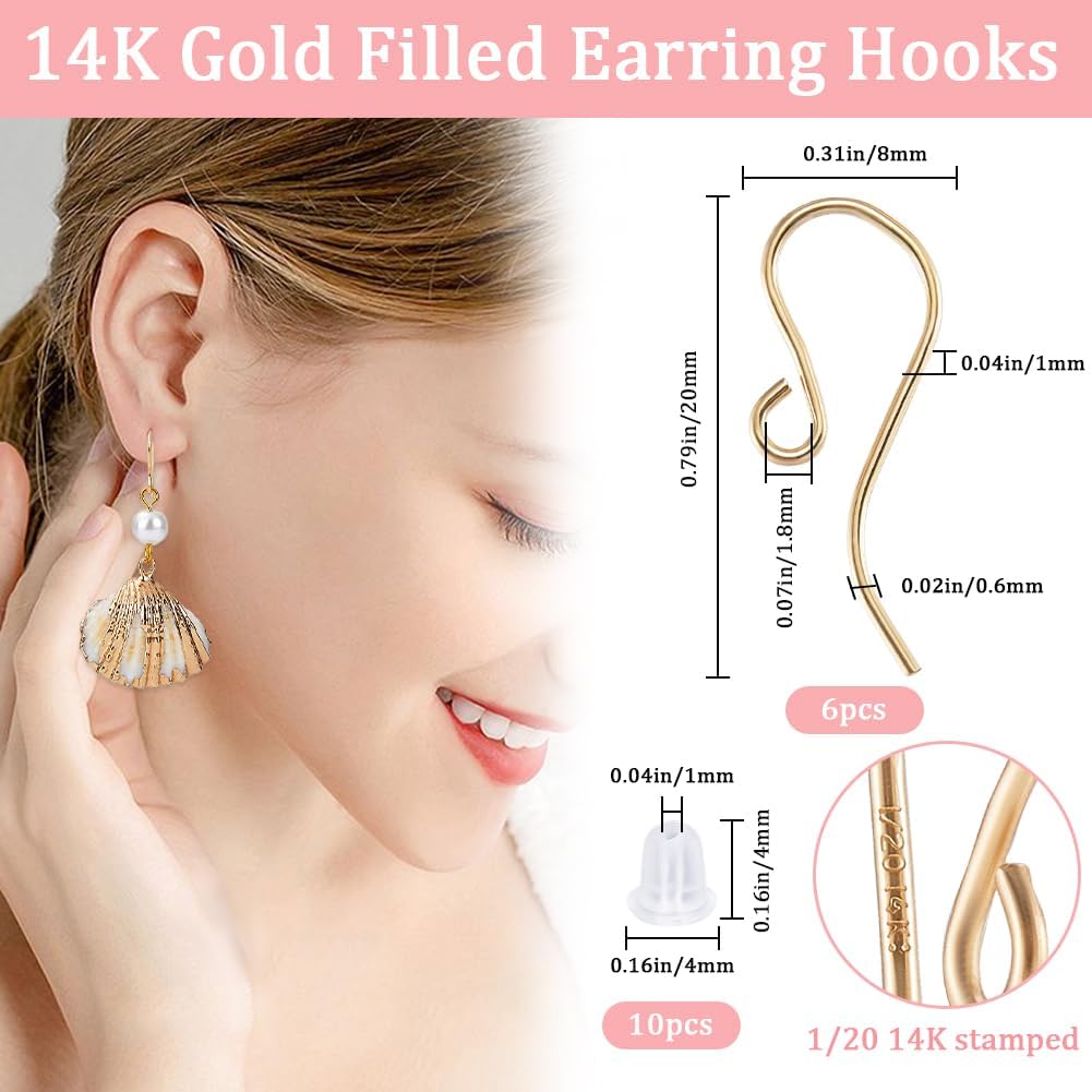 Beebeecraft 1 Box 6Pcs Filled Earring Hooks 14K Gold Filled Brass Fish Hook Shepherd's Hook Ear Wire with 10Pcs Plastic Ear Nuts for DIY Jewelry Making (20x8mm)