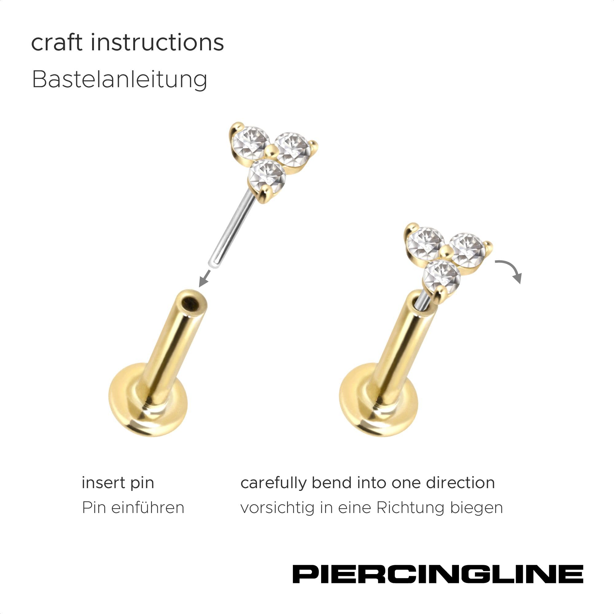 PIERCINGLINE Piercing Stecker 14 Gold Labret mit Push Fit MOISSANIT-BLUME 585er Gold - Roségoldfarben, Goldfarben, Silberfarben