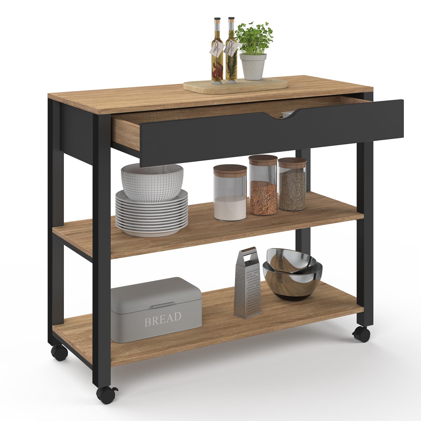 IDMarket - Desserte de cuisine PENH XXL avec tiroir et plan de travail noir plateaux façon hêtre L.100 CM