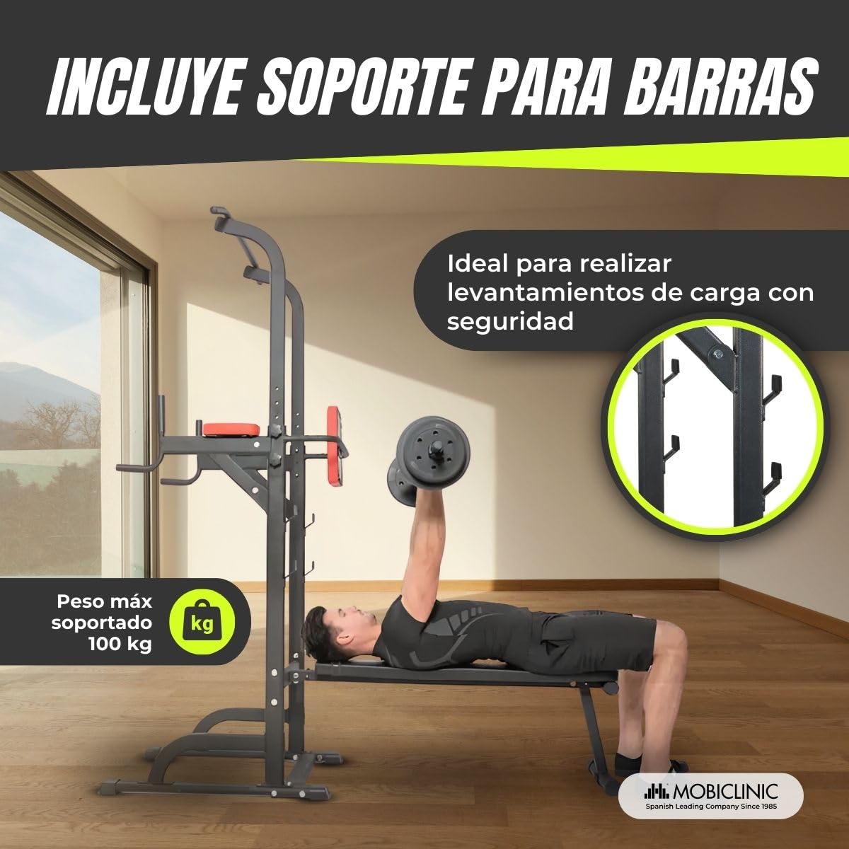 Mobiclinic® Fitness, Estación de musculación, 9 en 1, Plegable, Domifit, Ajustable 7 Alturas, Barra dominadas, Banco reclinable, Soporte para Barras, Multifunción, Antideslizante, Acolchada