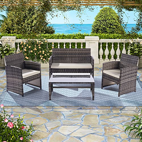 Optough 4-Piece Rattan Patio Furniture Set, Outdoor Wicker Conversation Sofa With Weather Resistant Cushions And Tempered Glass Tabletop For Lawn Backyard Pool Garden, Gray/Beige #TOP3