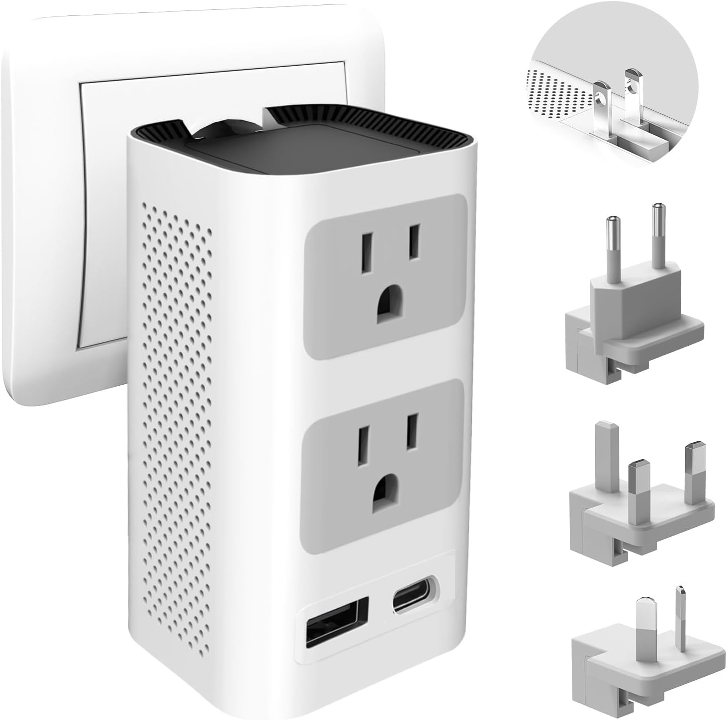 Universal Travel Adapter 220V to 110V Voltage Converter US to Europe, Inernational Power Plug Adapter with 1 USB Port 1 USB C for EU/UK/AU/US