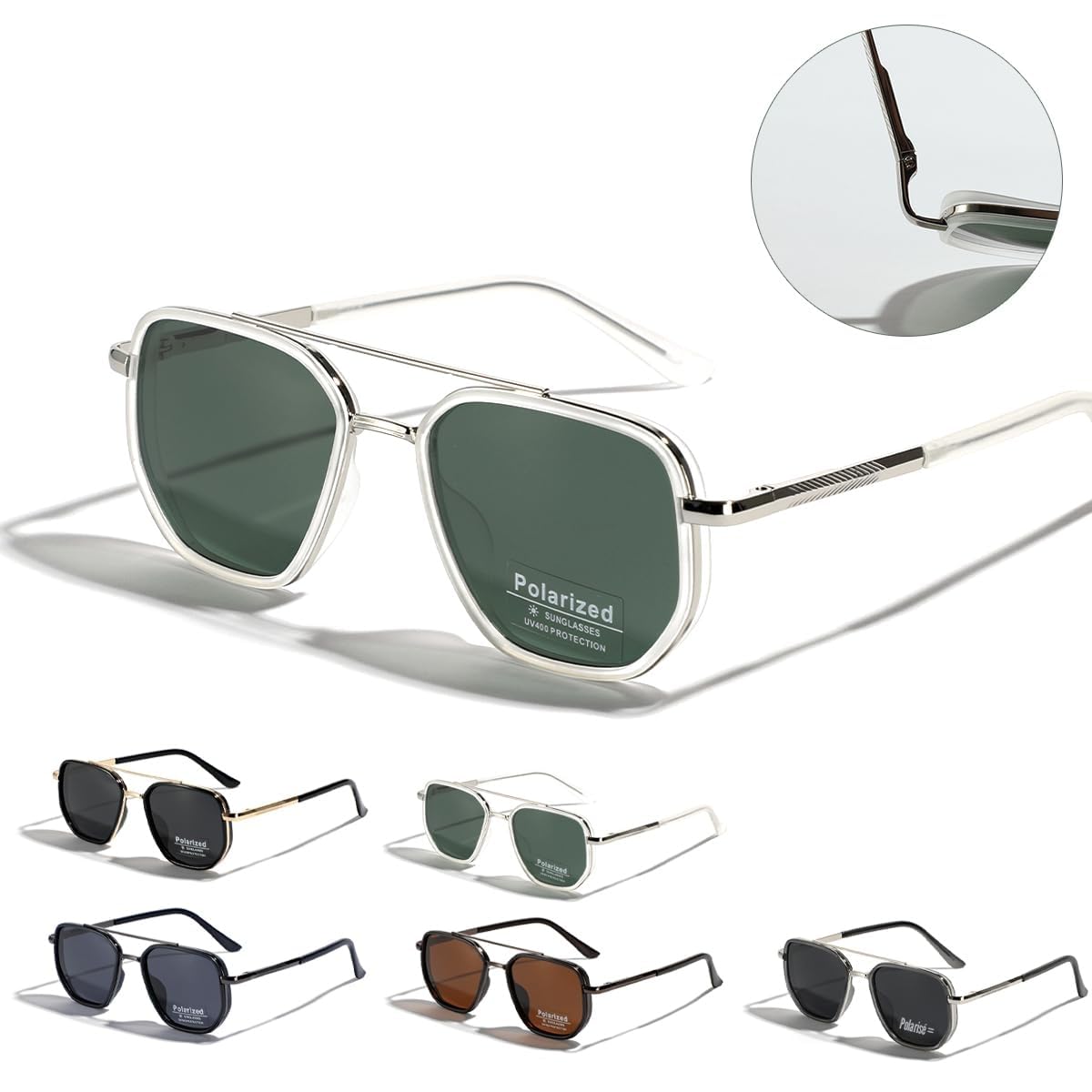TR90 Lunettes de soleil polarisées rétro carré plat double pont plein cadre UV400