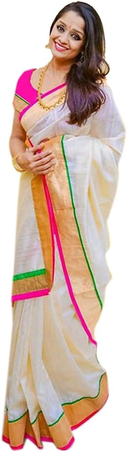 Pramukh Suppliers Women's Chanderi Solid Pattern Zari Gold Lace Border Solid Saree With Un-Stitched Blouse Piece (Zari Pink Saree)