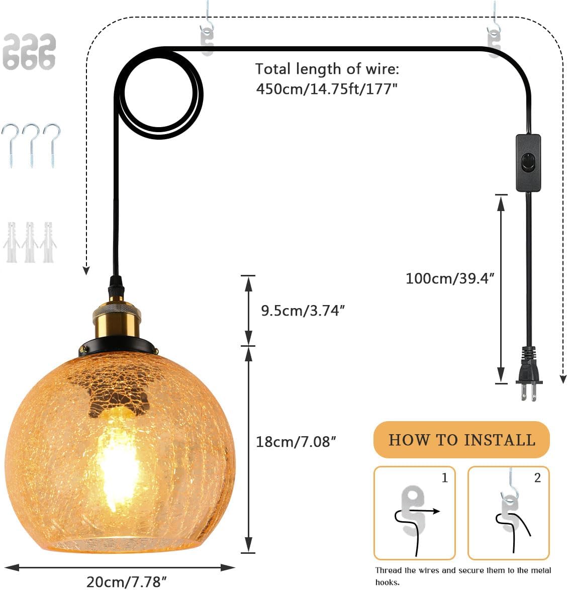 Mid Century Modern Pendant Light Fixtures Plug in Chandelier Hanging Light with 7.8-inch Amber Cracked Shade Design, Plug in Light Fixtures for Kitchen, Bedroom, Living Room (Amber