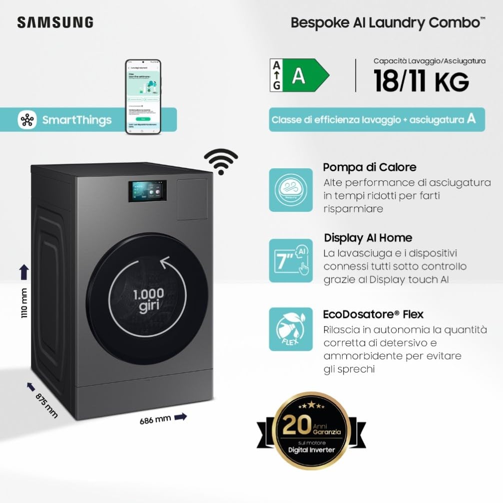 LAVASCIUGA SAMSUNG BESPOKE AI LAUNDRY COMBO WD18DB8995BZ 18 + 11 KG 1000 GIRI POMPA DI CALORE CARICO FRONTALE ECODOSATORE INVERTER (Ricondizionato)
