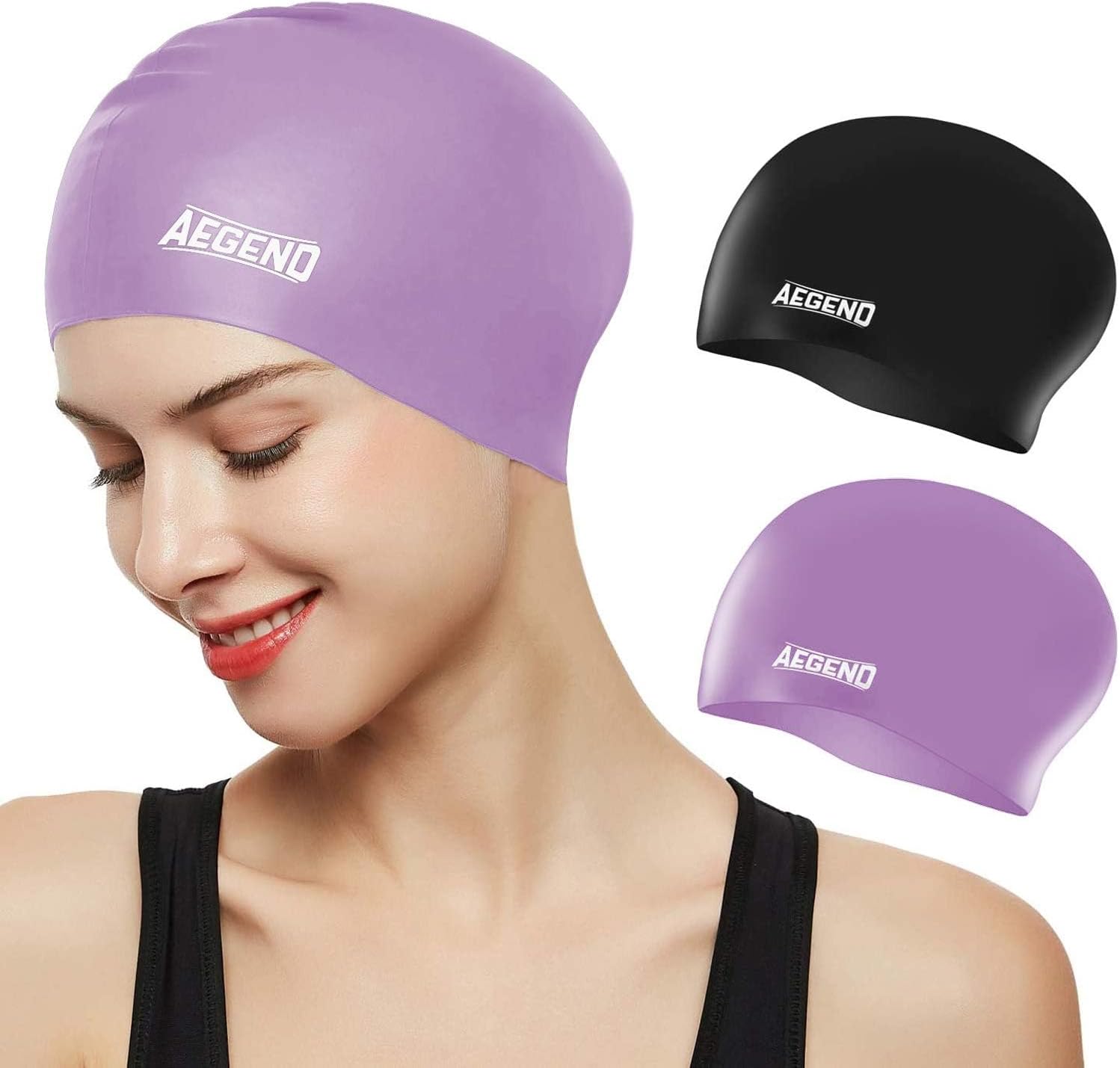 Aegend Swim Caps for Long Hair (2 Pack), Durable Silicone Swimming Caps with Spacious Space for Women Men Adults, Easy to Put On and Off, Black Purple