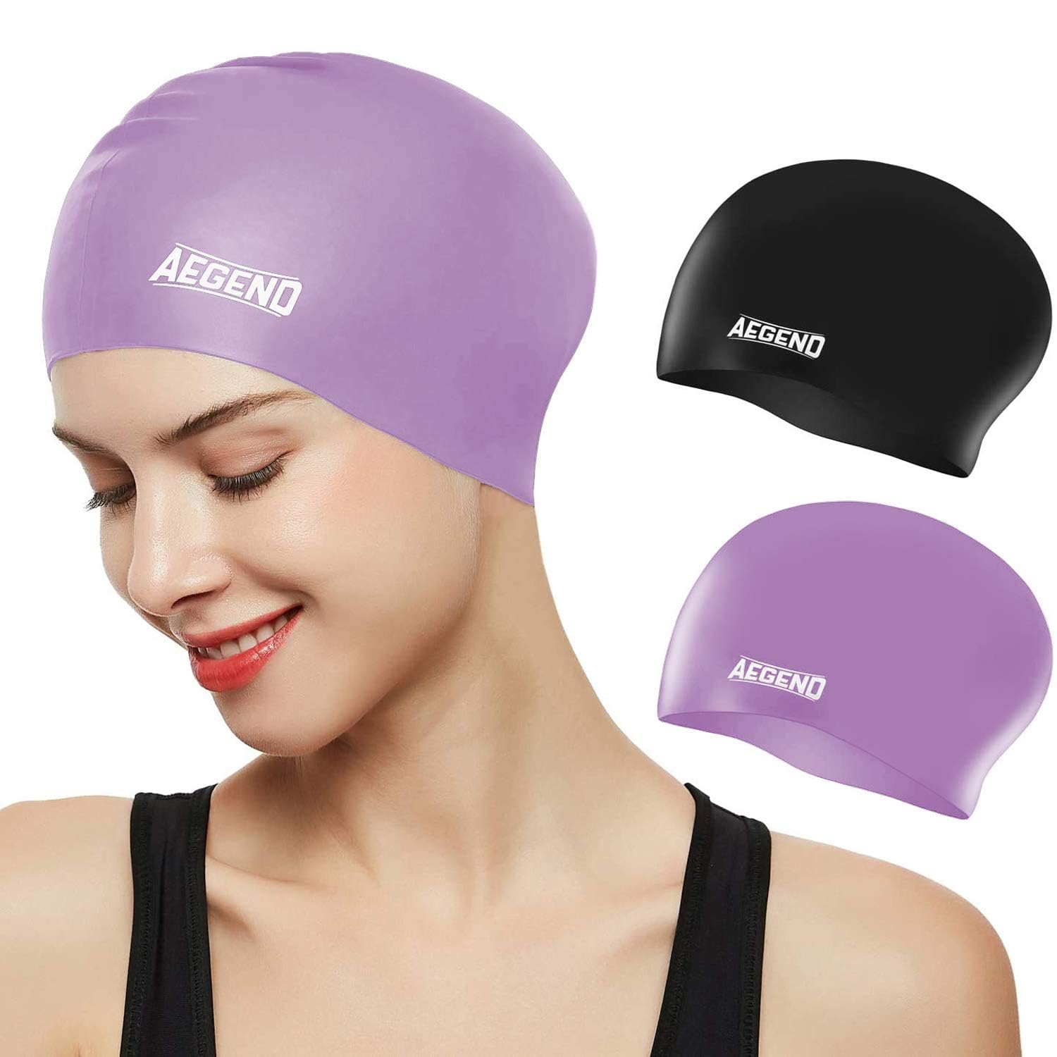 Aegend Swim Caps for Long Hair, Durable Silicone Swimming Caps for Women Men Adults Youths, Easy to Put On and Off, Waterproof Swim Hats Bathing Caps to Keep Hair Dry, 2 Pack, Black Purple