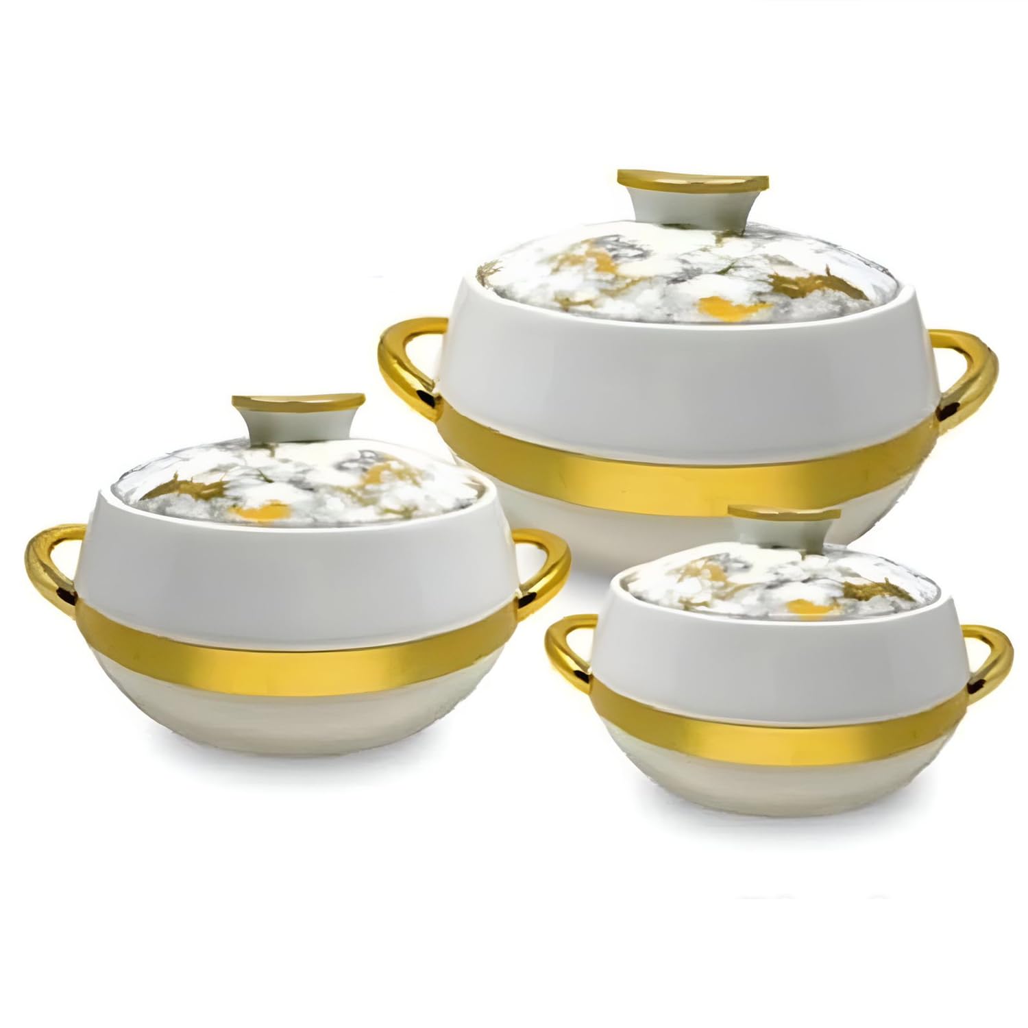 Kajal Küchen-Thermoschalen 3er-Set | Edelstahl Lebensmittelbehälter Wärmefunktion (1000 ml, 1500 ml, 2000 ml) | Isoliert, langlebig, stylisch, weiß-gold