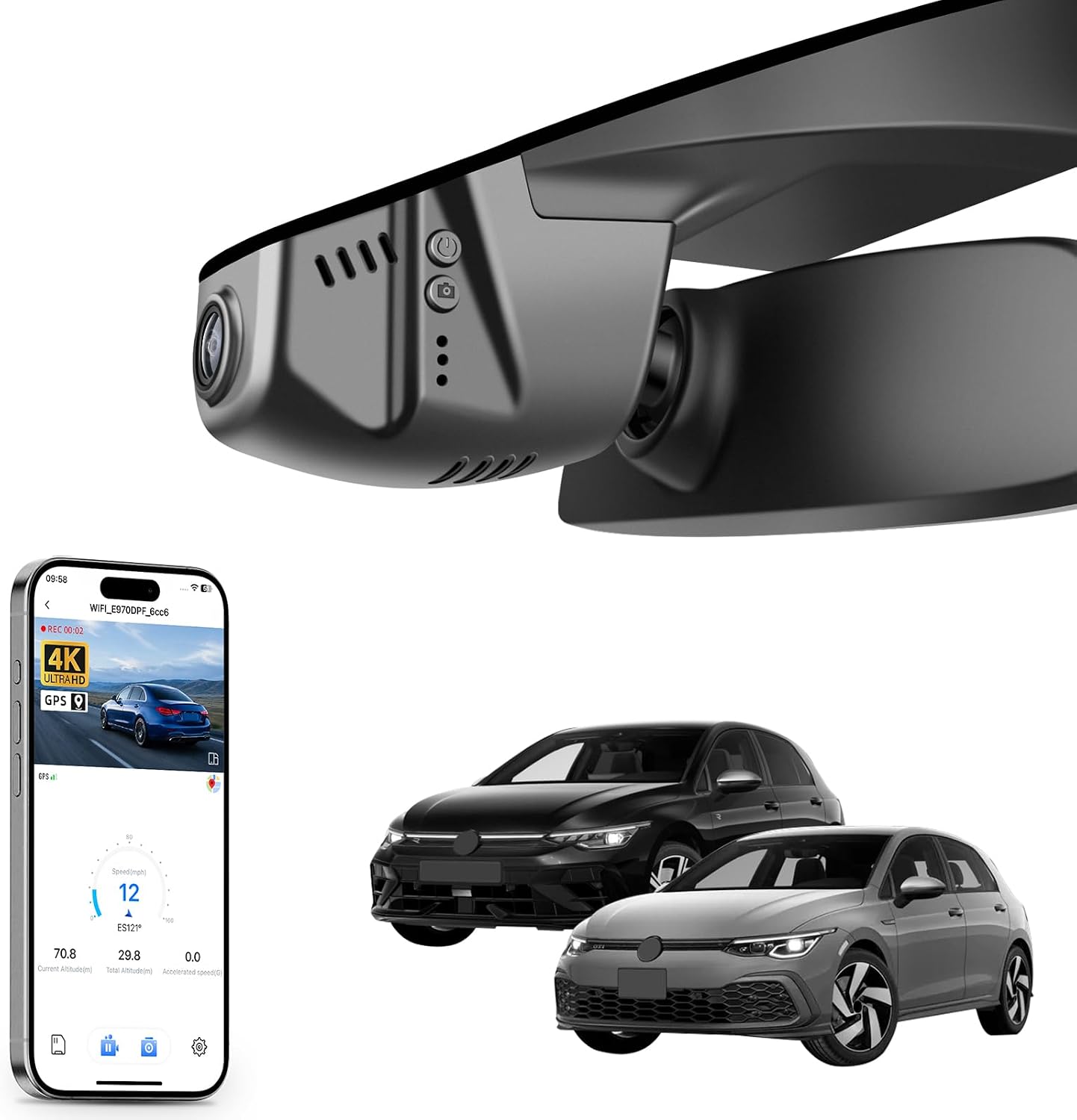 mangoal 4K Dash Cam fit for Volkswagen Golf & Golf GTI & Golf R MK 7/7.5/8 2015-2025(Model B Black), Rabbit Variant, OEM Look, UHD 2160P, App & WiFi, Loop Recording, Easy to Install, GPS, 64GB Card