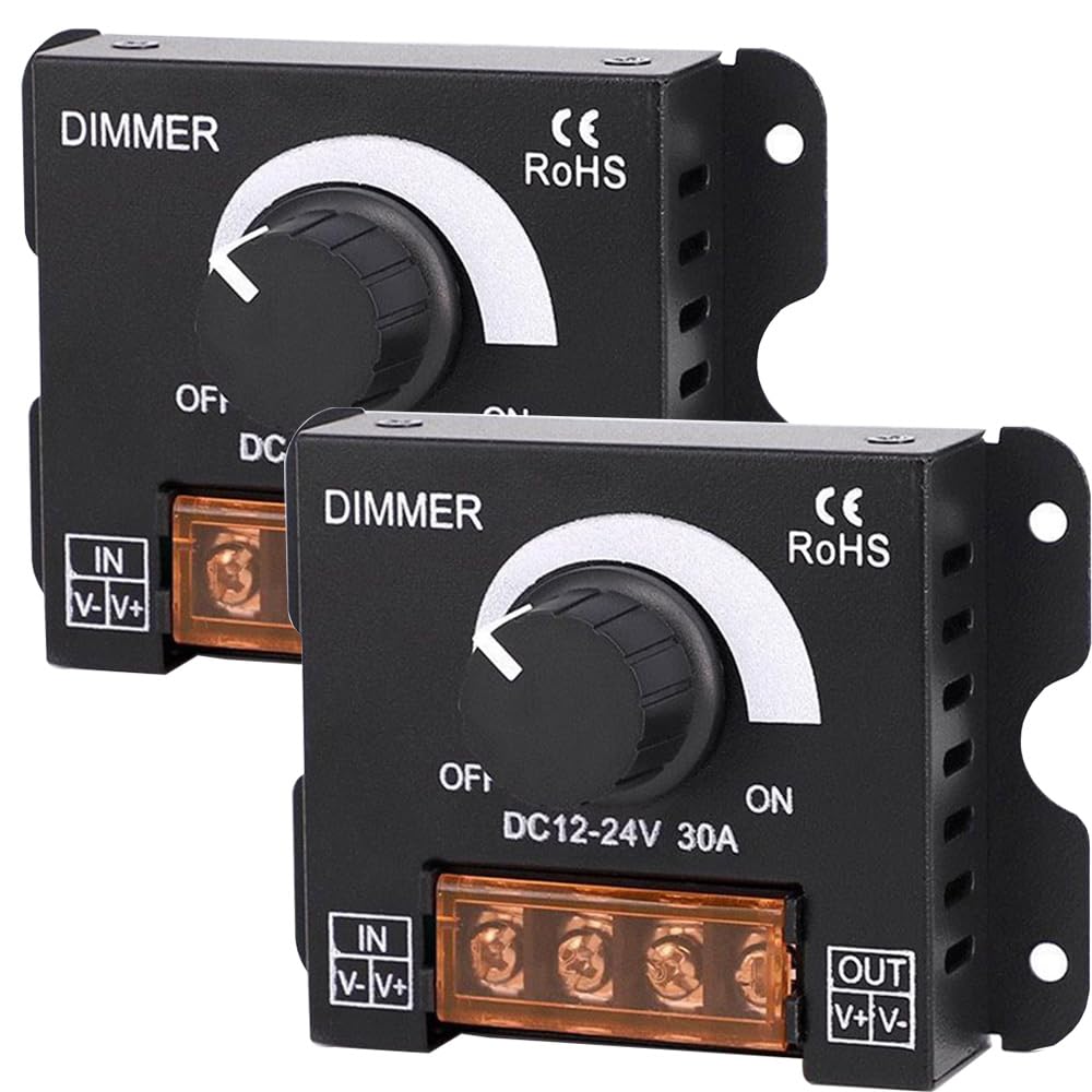 Gebildet 2pcs Contrôleur de Gradation PWM DC12V/24V 30A,Bouton de Réglage de la luminosité,Interrupteur Marche/arrêt pour Bandes Lumineuses LED Monochromes,Variateur de lumière LED à Coque Métallique