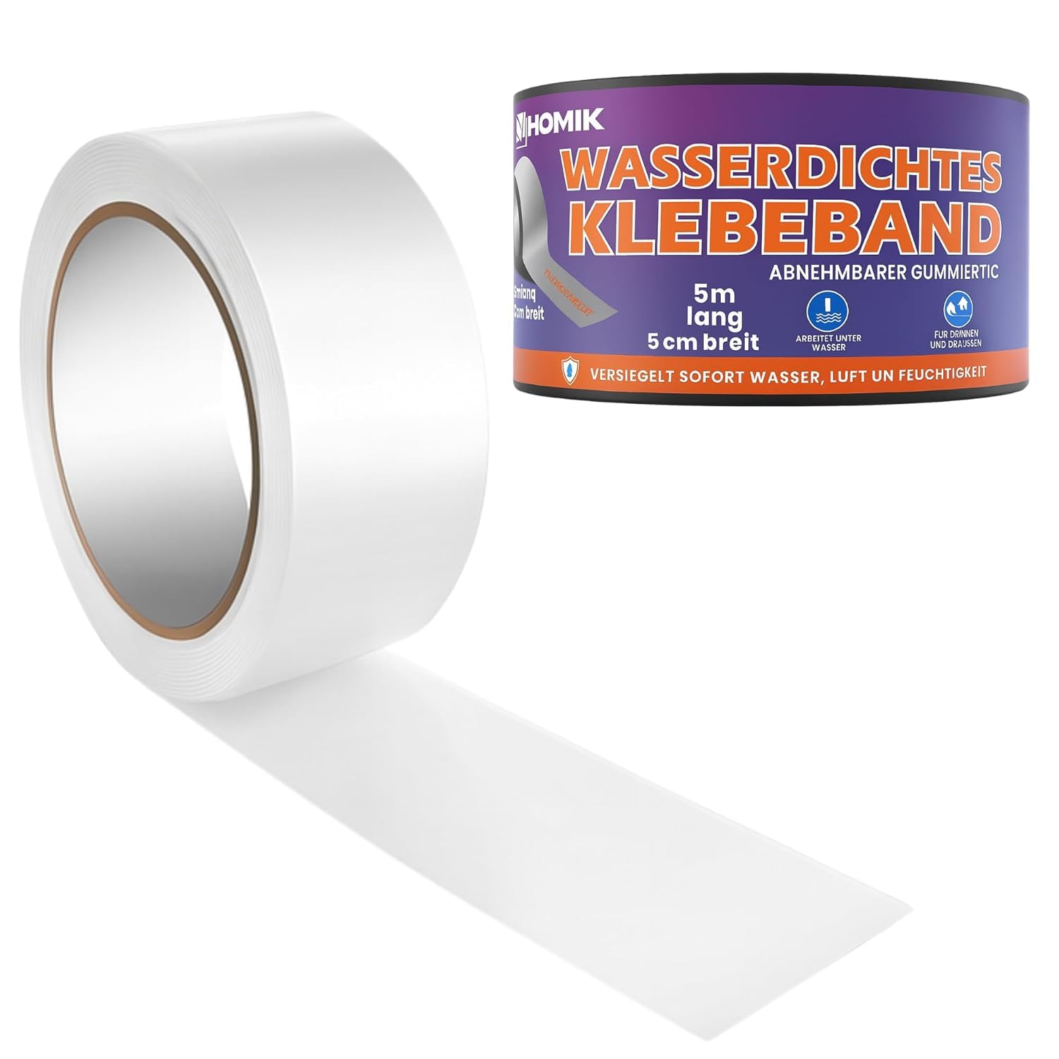 HOMIK White Waterproof Tape Ultra Strong 5cm x 5m – Waterproof Repair Tape for Smooth Surfaces, Waterproof Sealing Tape, UV Resistant Adhesive Tape
