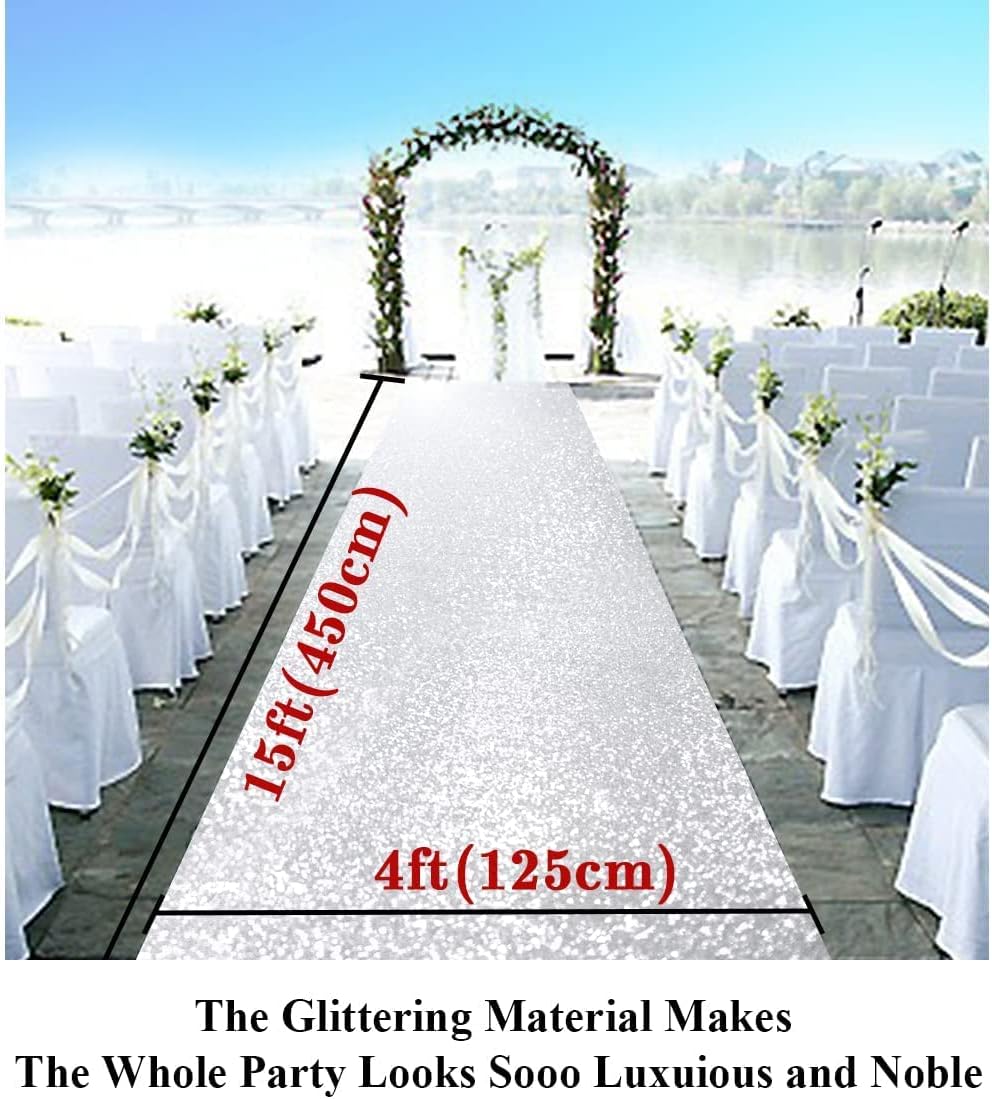 Partisout Sequin Aisle Runner 4x15FT for Weddings – Sparkling Silver Sequin Aisle Runner Carpet, Indoor Outdoor Bridal Shower for Party, Graduation Ceremony, Birthday, Reception Decorations
