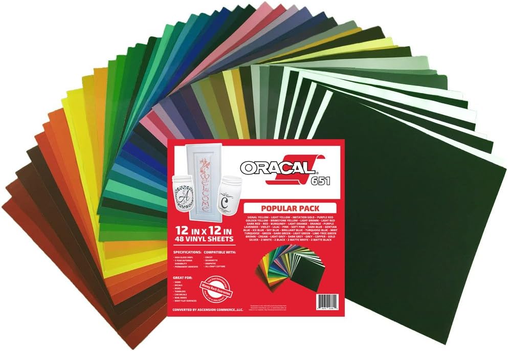 Oracal 651 (48) Sheet Popular Pack - Adhesive Craft Vinyl for Cricut, Silhouette, Cameo, Craft Cutters, Printers, and Decals - 12" x 12" - Gloss Finish - Outdoor and Permanent