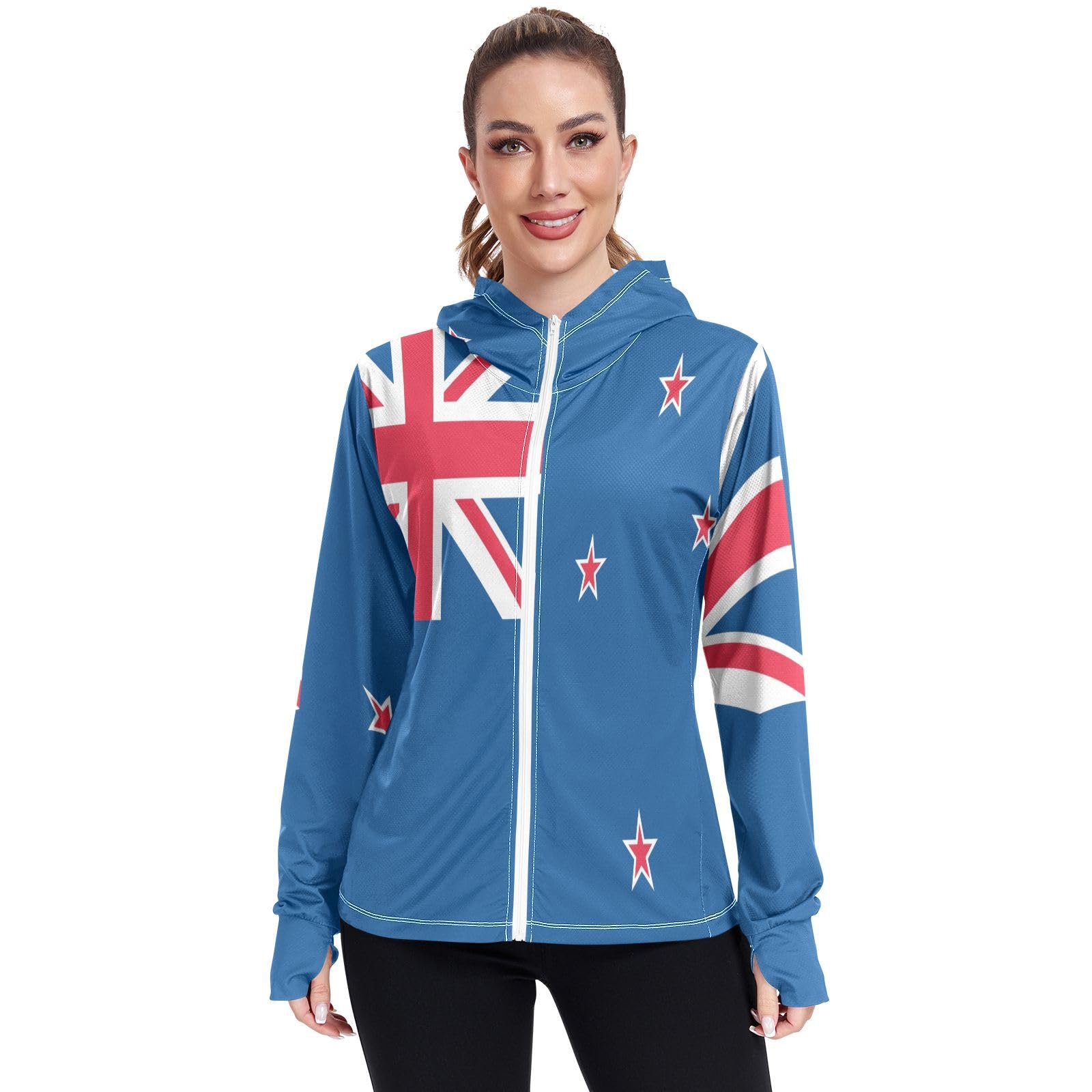 New Zealand Flag Womens UPF 50+ Sun Protection Hoodie Jacket Lightweight Long Sleeve Sun Shirt with Pocket Multicoloured