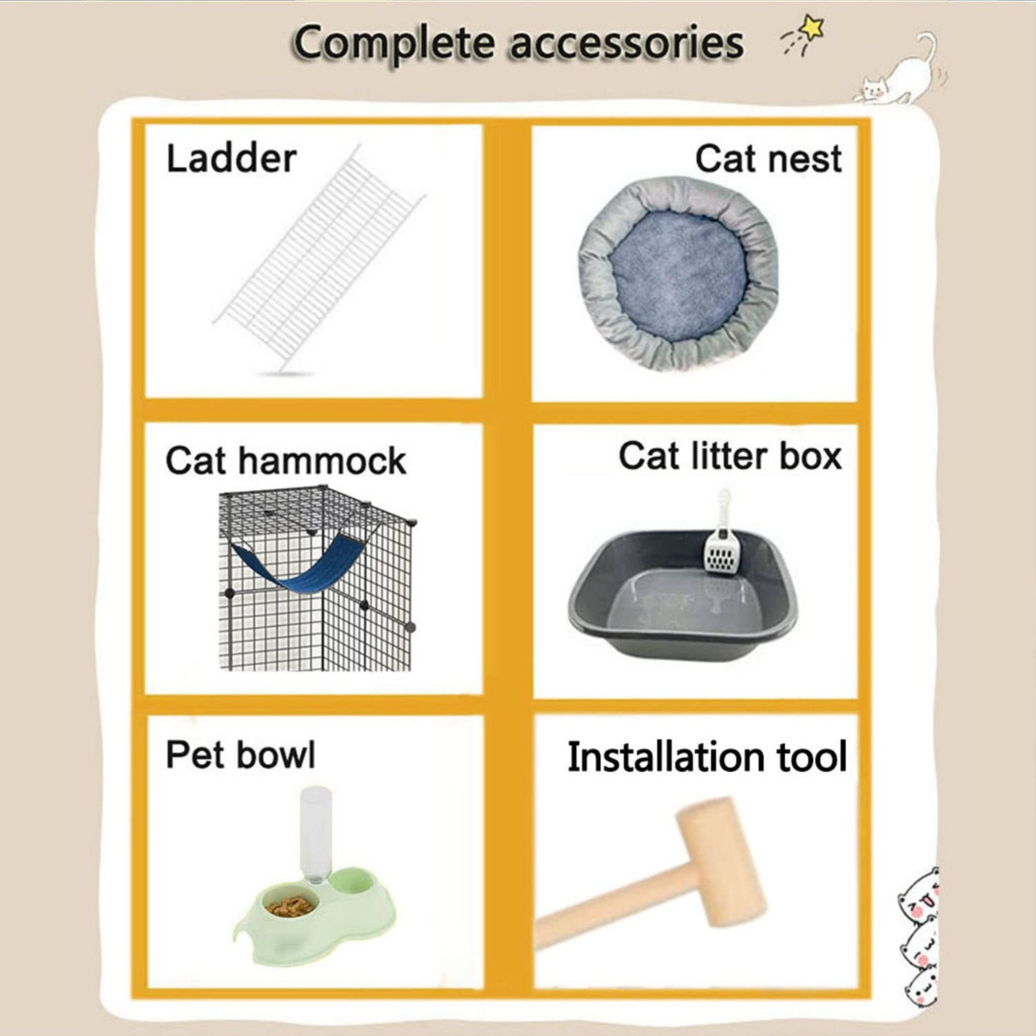 Gabbia per Gatti Piccola, Casse per Gatti da Interno, Box per Gatti Fai da Te, Box per Animali Domestici, Box per Gatti per Animali, Rete crittografata, con Nido per Gatti + Amaca + Lettiera per Gat