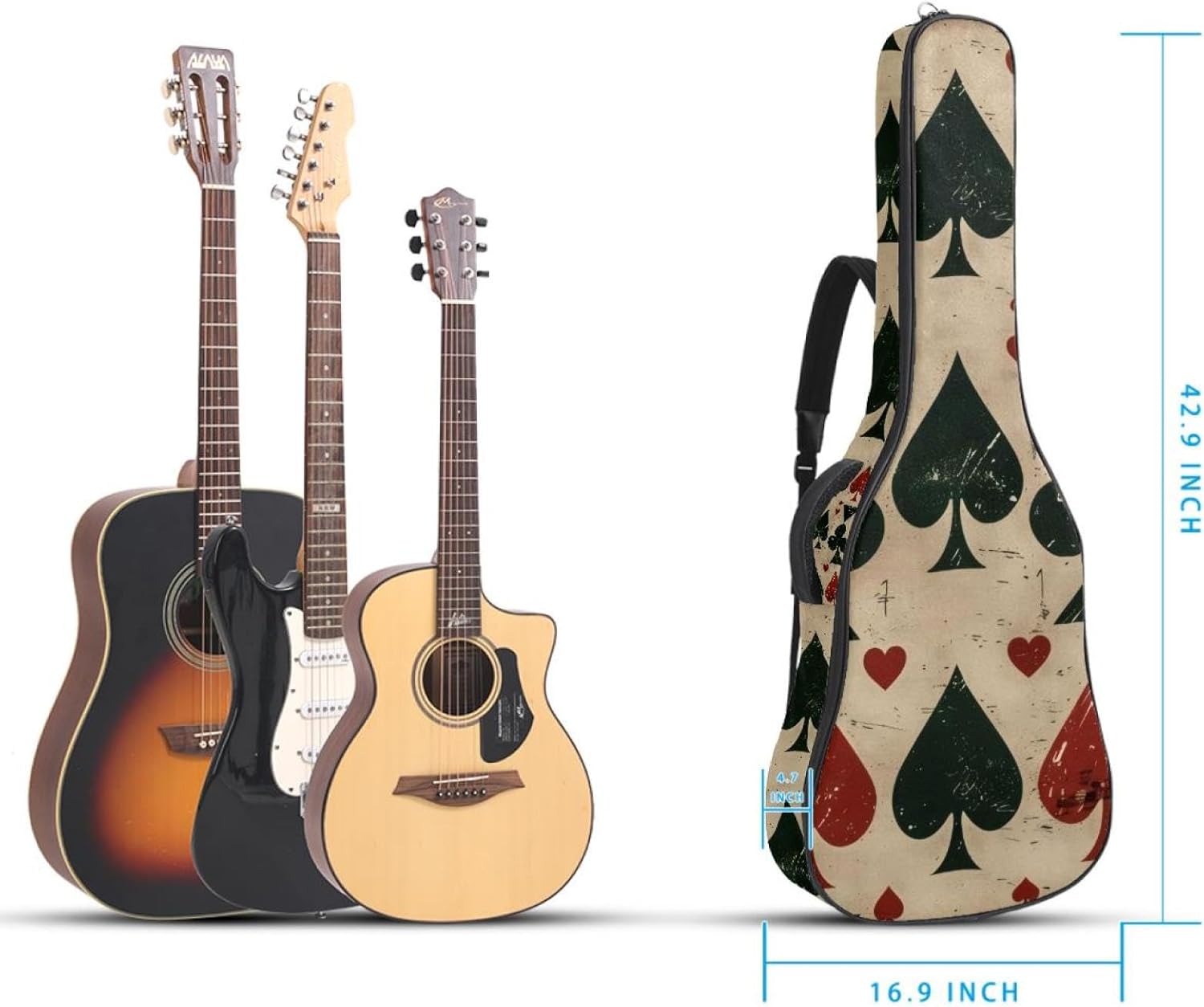 40 41 42 Inch Guitar Bags, Waterproof Padded Acoustic Guitar Case Backpack with Adjustable Shoulder Strap & Pockets, Poker Aesthetic Vintage Pattern