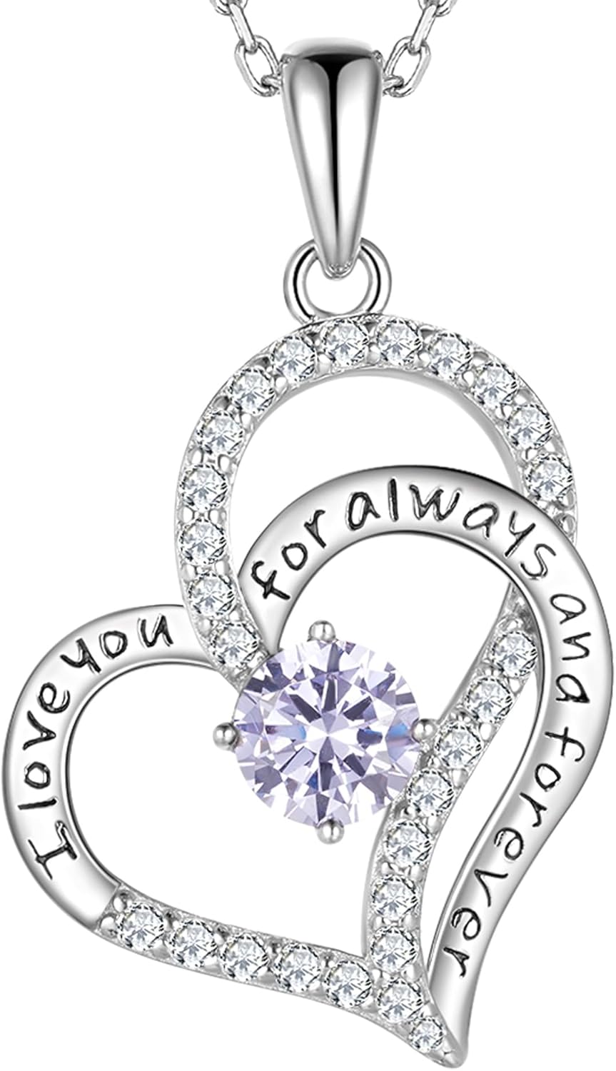 LynChoe Birthday Gifts Double Heart Birthstone Necklace for Women, S925 Sterling Silver Pendant Necklace Jewelry for Her Mother Mom Wife Girlfriend