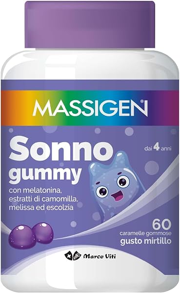 Massigen - Sonno Gummy, Integratore Alimentare con Melatonina e Estratti Naturali, Vitamine Gommose, Gusto Mirtillo, 60 Caramelle da 3,3 g, Per Rilassamento e Sonno - 1