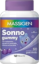 Massigen - Sonno Gummy, Integratore Alimentare con Melatonina e Estratti Naturali, Vitamine Gommose, Gusto Mirtillo, 60 Caramelle da 3,3 g, Per Rilassamento e Sonno