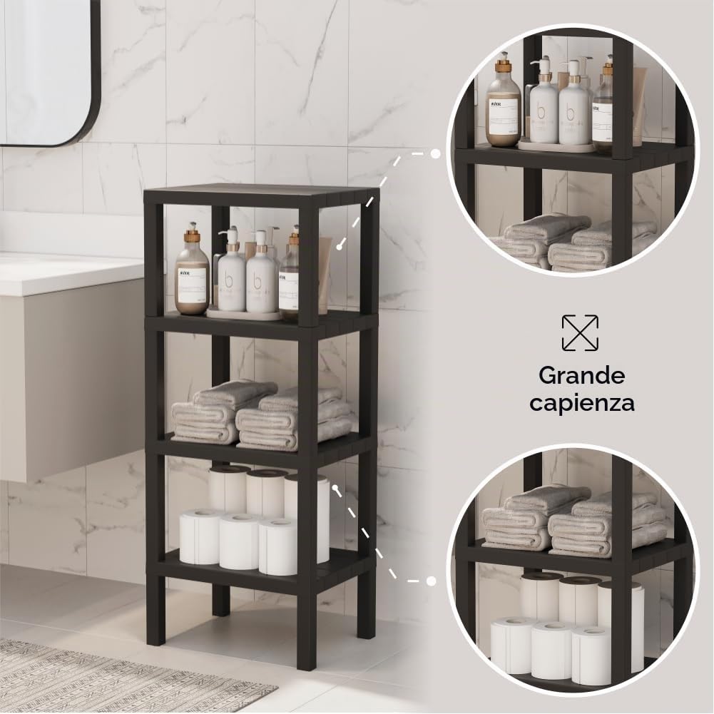 sugodesign Ombeg Scaffale a 4 ripiani, bianco/grigio/nero, in plastica, rettangolare, autoportante, moderno, multiuso, per bagno, cucina, soggiorno (nero)