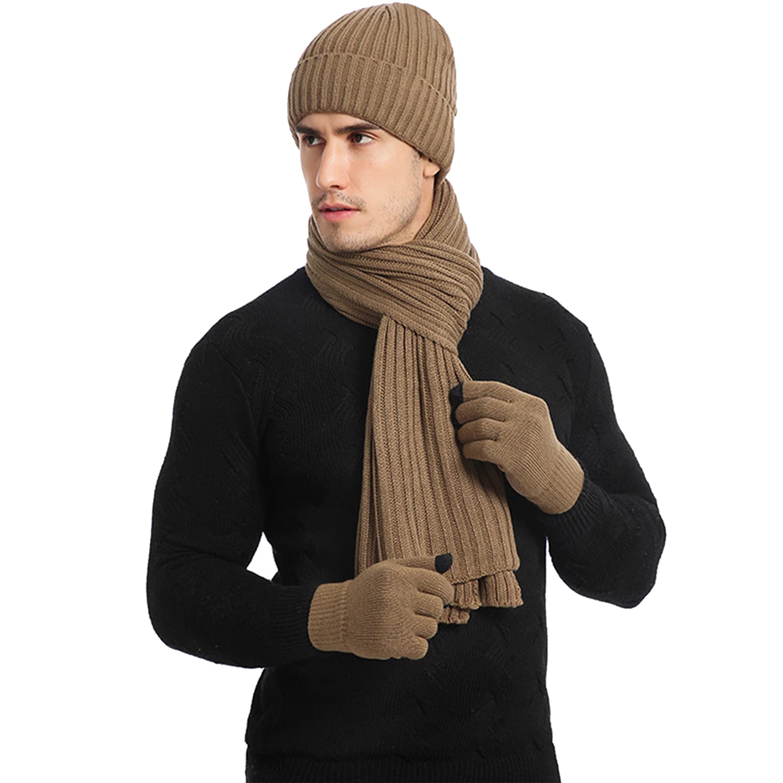 Men's Winter Beanies Hat Scarf Touch Screen Gloves Sets Warm Knit Skull Caps with Fleece Lined-image-39