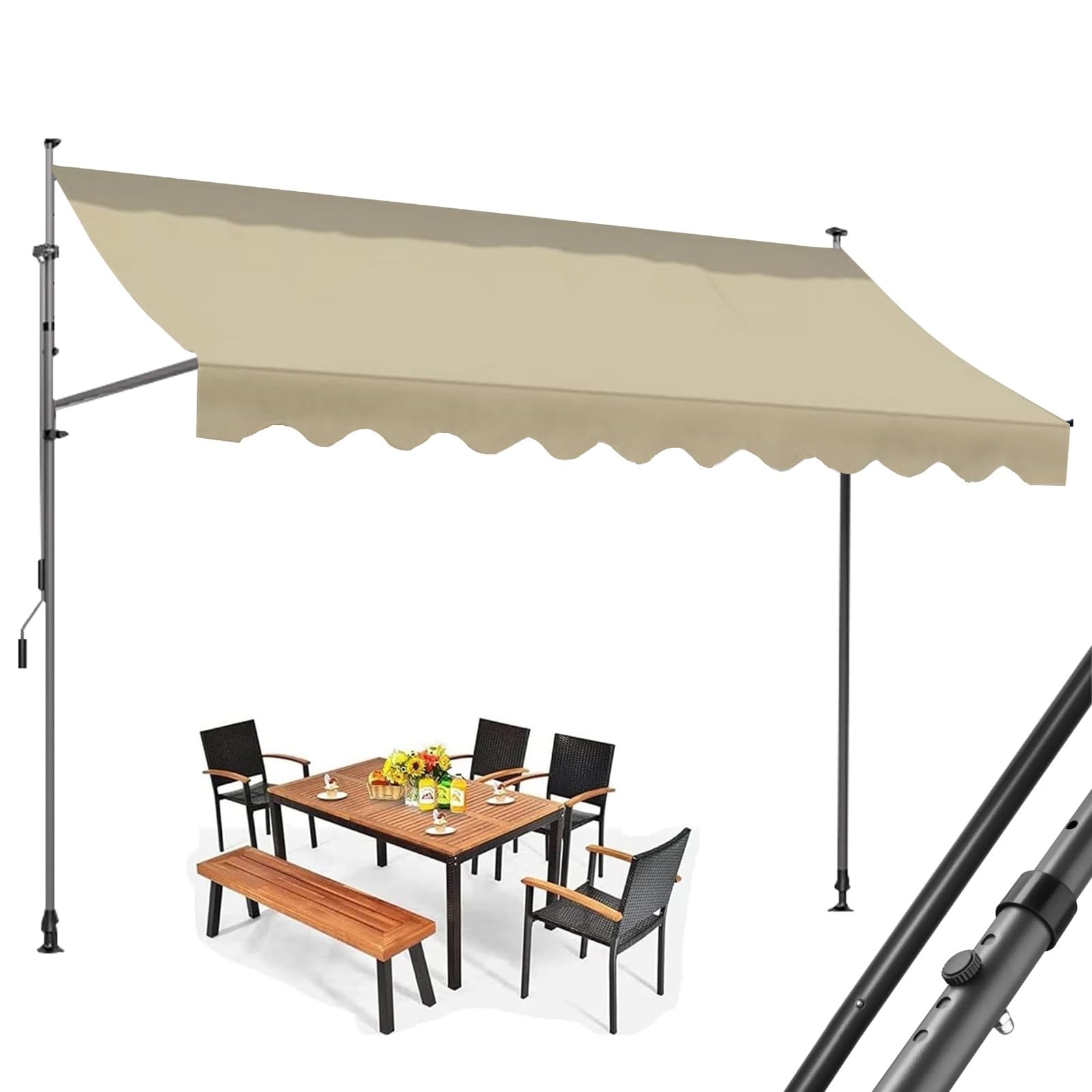 LWJSOCP Adjustable Retractable Awning with Hand Crank, Sun Shade Canopy for Patio, Balcony & Garden, Height-Adjustable Outdoor Shelter, Beige, Sun Protection (3m)