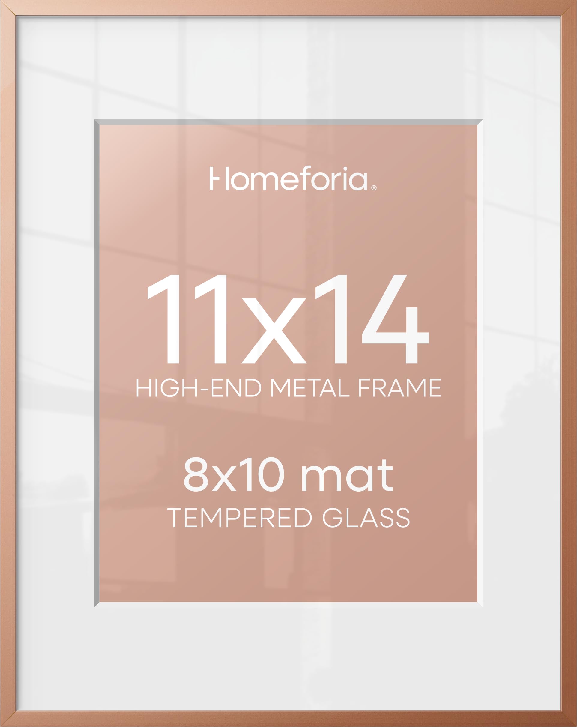 Homeforia 11x14 Rose Picture Frame, High-End Metal, 8x10 Mat, Glass | High End Aluminum, Tempered Glass, Acid-Free 8x10 Removable Mat, 11x14 in Edge-to-Edge Display 14x11, Wall Kit, Set Of 1