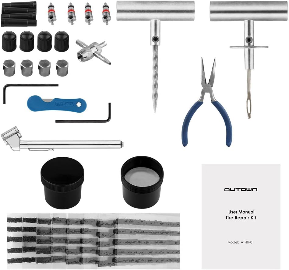 AU TOWN Tire Repair Kit - 67pcs Heavy Duty Tire Plug Kit, Universal Tire Repair Tools to Fix Punctures and Plug Flats Patch Kit for car Motorcycle, Truck, ARB，ATV, Tractor, RV, SUV, Trailer : Automotive