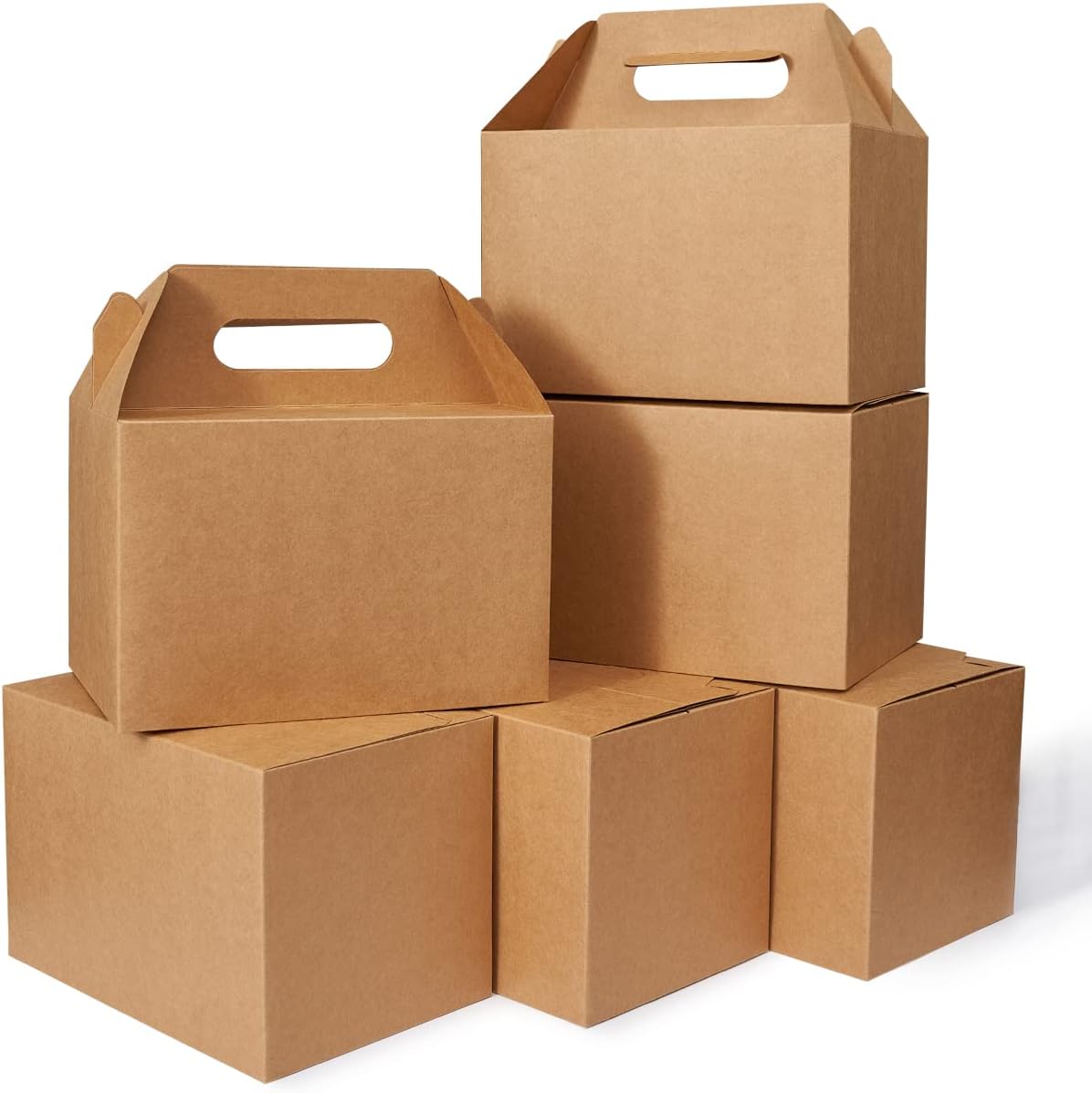 Happyhiram 50 Count Large Gift Boxes with Handles Kraft Brown, 9x6x6 Gable Gift Boxes Party Favor Boxes Barn Style Carry Out Box Recyclable Lunch Boxes Paper for Food Kids Birthday Baby Shower