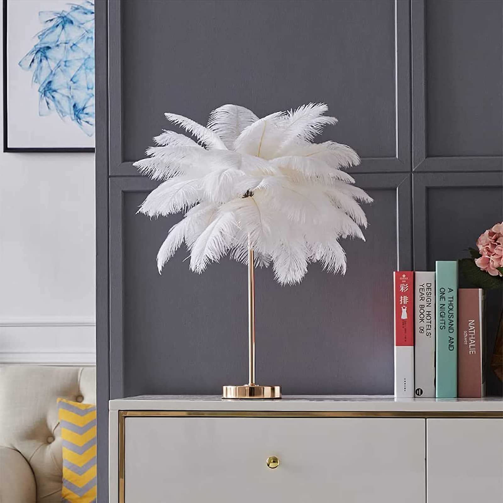 Kolorowe światła szklane， Nordic Luxury Feather Lampka nocna, biurko, salon, oświetlenie wewnętrzne, lampa stojąca z piór strusich(White)