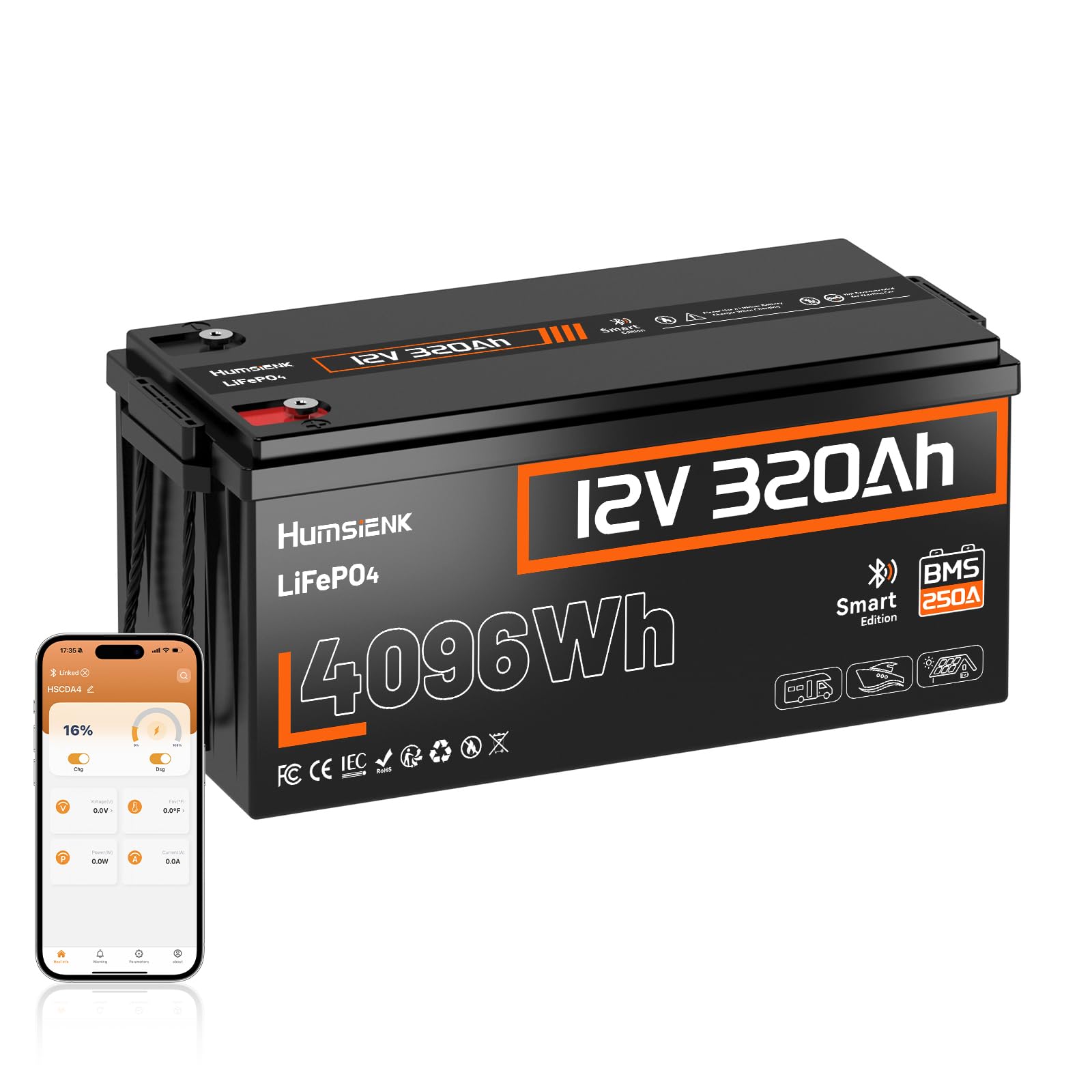 Humsienk Batterie Lithium 12V 320Ah LiFePO4 Bluetooth avec BMS 250A, 4096Wh Energie, 15000 Cycles à Décharge Profonde, Protection Basse Température pour Camping-Car, Bateau, Stockage Maison, Off-Grid