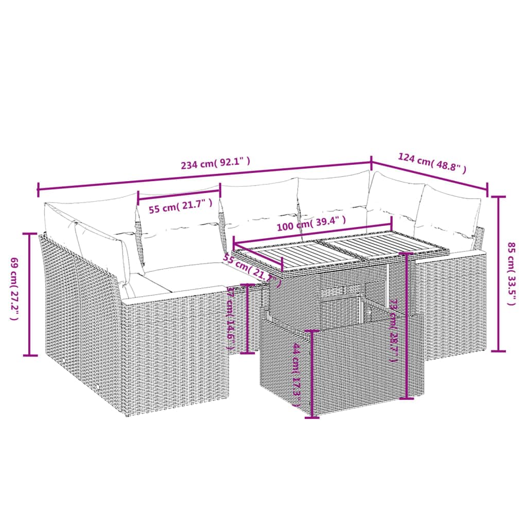 Set Divani da Giardino 7 pz con Cuscini Grigio Polyrattan Resistente per Terrazza e Patio, Arredo Lounge Modulare per Relax, Pranzo e Ospiti in Esterno