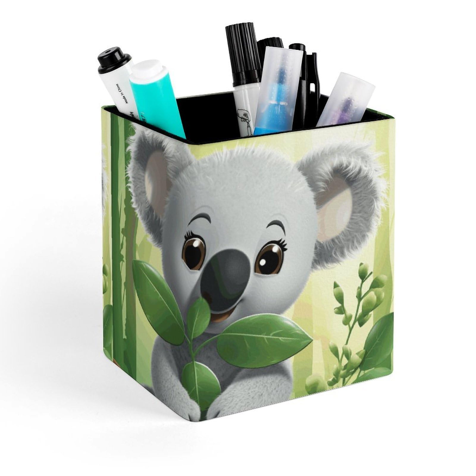 DWVTSLH Aesthetic Pen Holder for Desk - Modern Leather Pencil Holder - Stylish Square Makeup Brush Holder - Koala Pen Cup Cute And Functional Desk Organizer for Office Supplies