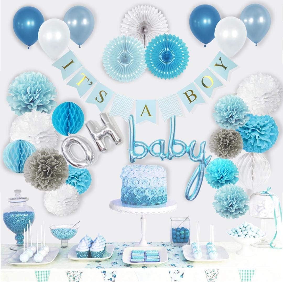 Vidal Crafts Baby Shower Decorations for Boy Complete Kit with Its a Boy Banner, Balloons, Paper Flowers, Honeycomb Balls, Paper Fans, and Oh Boy Foil Ideal Baby Boy Shower Decor and Party Supplies