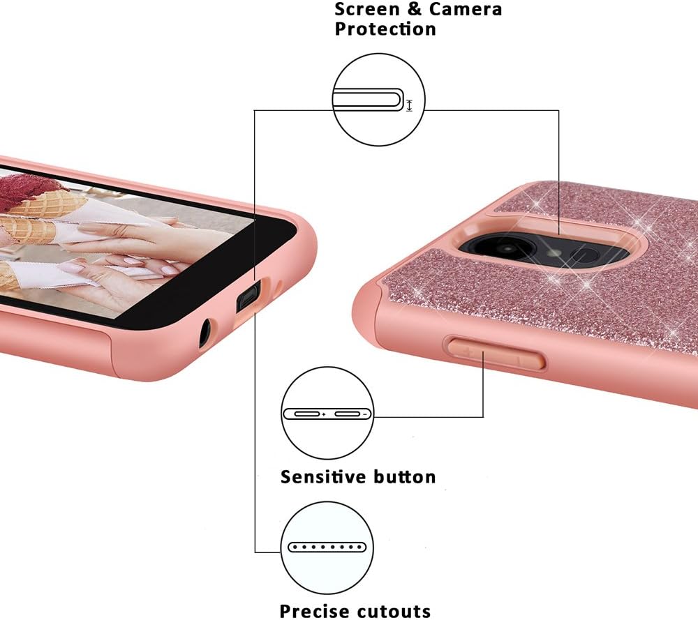 TJS Phone Case Compatible with LG Aristo 2/Aristo 2 Plus/Aristo 3/Aristo 3 Plus/Tribute Dynasty/Fortune 2/Rebel 3 LTE [Full Coverage Tempered Glass Screen Protector] Glitter Girls Women (Rose Gold)