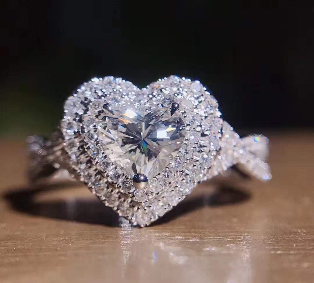 18K White Gold Plated 925 Silver 5A Zircon Stone 925 Silver Engagement Wedding Band Ring for Women Luxury Micro Inlaid Heart-shaped Simulation Diamond Ring CZC007 - Image 3