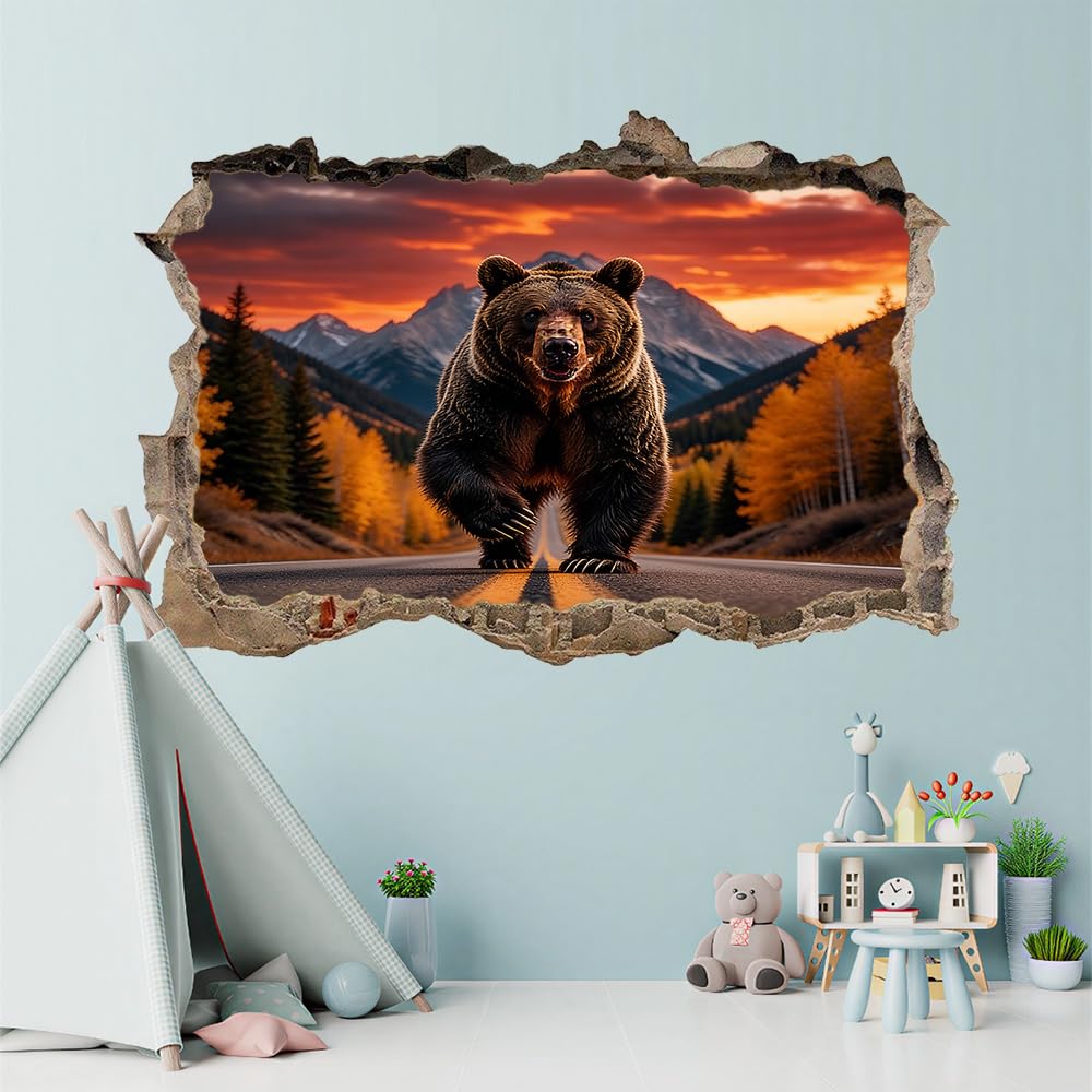 3D Durchbruch Wandtattoo Mädchen Kinderzimmer Bären Wandaufkleber Dekorative Berglandschaft Wandsticker für Junge Teenager Zimmer Wohnzimmer Schlafzimmer Wandbilder Deko