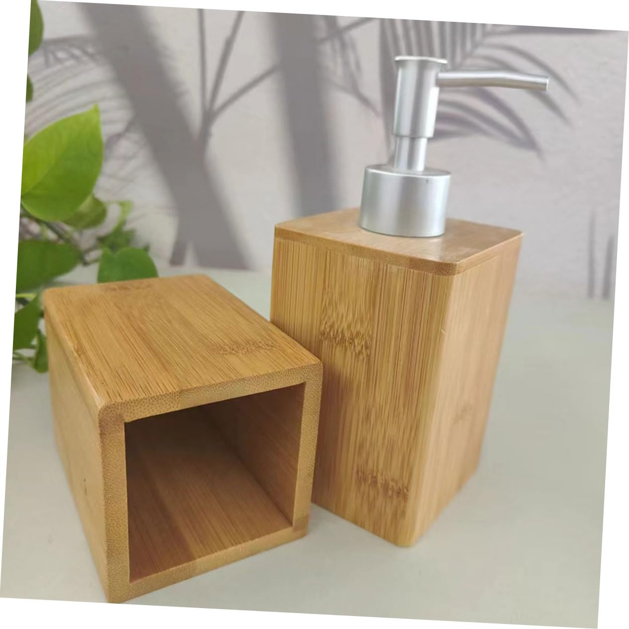 GLEAVI Set Di Accessori Per Bagno in Bambù, Dispenser Di Sapone Per Mani e Porta Spazzolino Da Denti Base, Contenitori Multiuso Per Uso Domestico Bagno e Lavabo