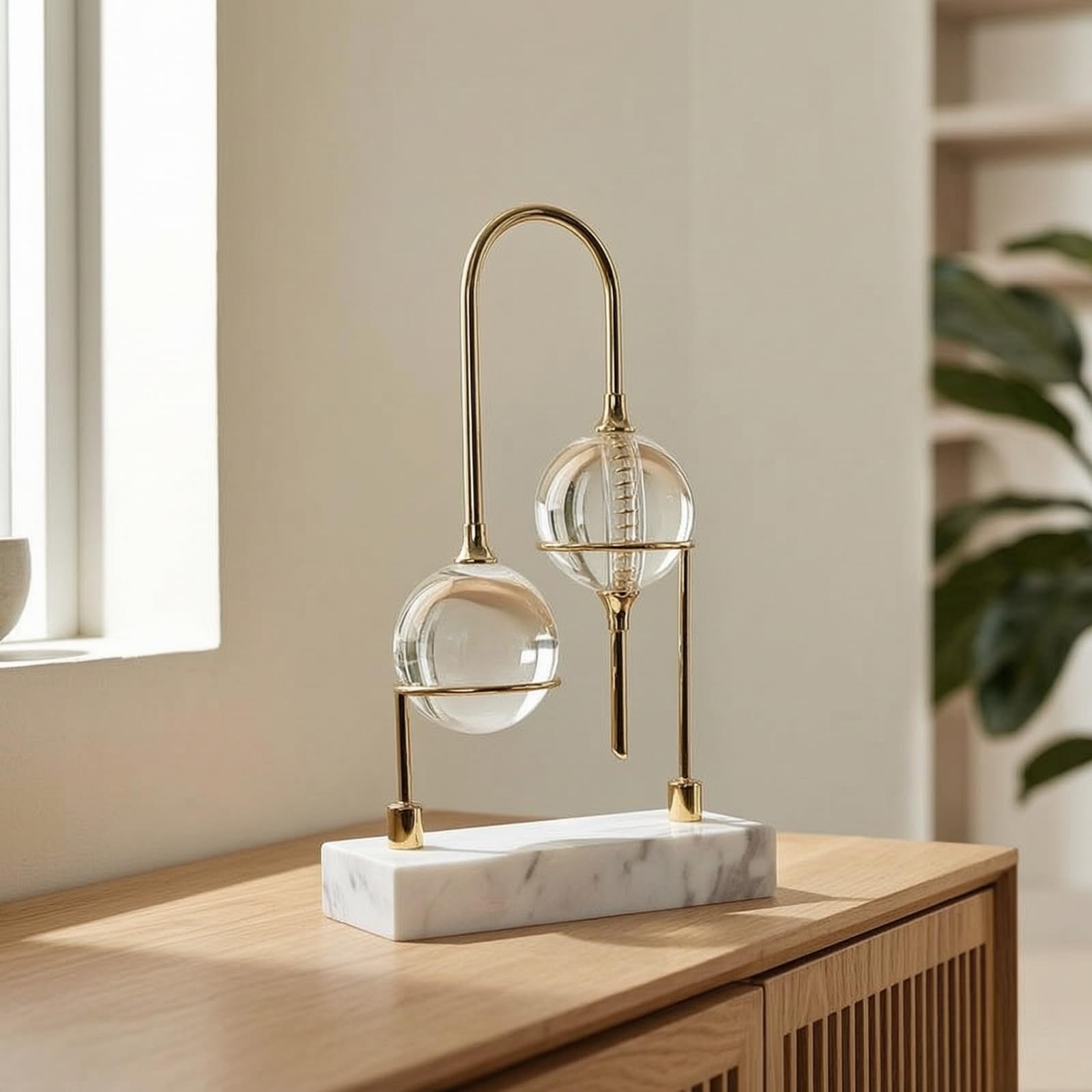Metallskulptur mit Glaskugeln Modern Tischskulptur mit Marmorfuß Goldfarben Abstrakte Kunstdekoration für Büro