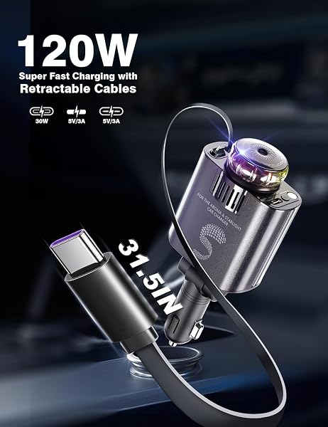 Retractable Car Charger USB C Fast Charging 120W, Car Accessories Cigarette Lighter Adapter with Aromatherapy Starlight, Car Charger iPhone16 15 14 13 12 11 Essentials Gifts for Traveler, Men, Women - 3