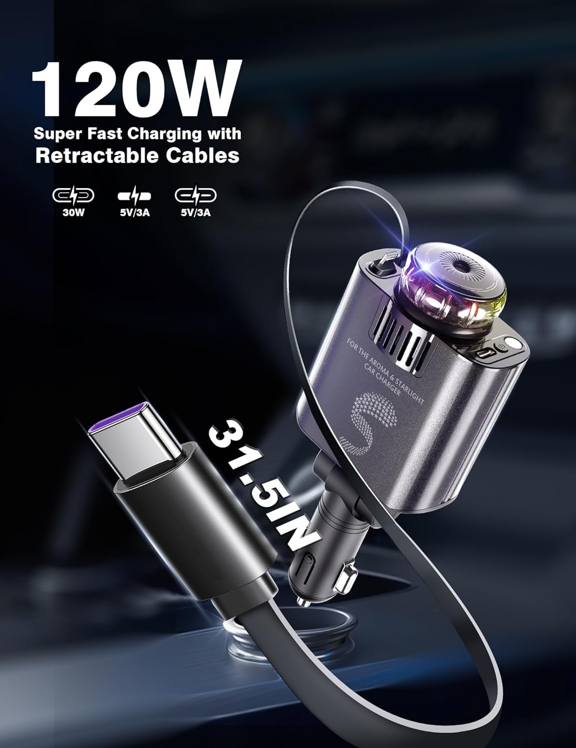Retractable Car Charger USB C Fast Charging 120W, Car Accessories Cigarette Lighter Adapter with Aromatherapy Starlight, Car Charger iPhone16 15 14 13 12 11 Essentials Gifts for Traveler, Men, Women — view 3