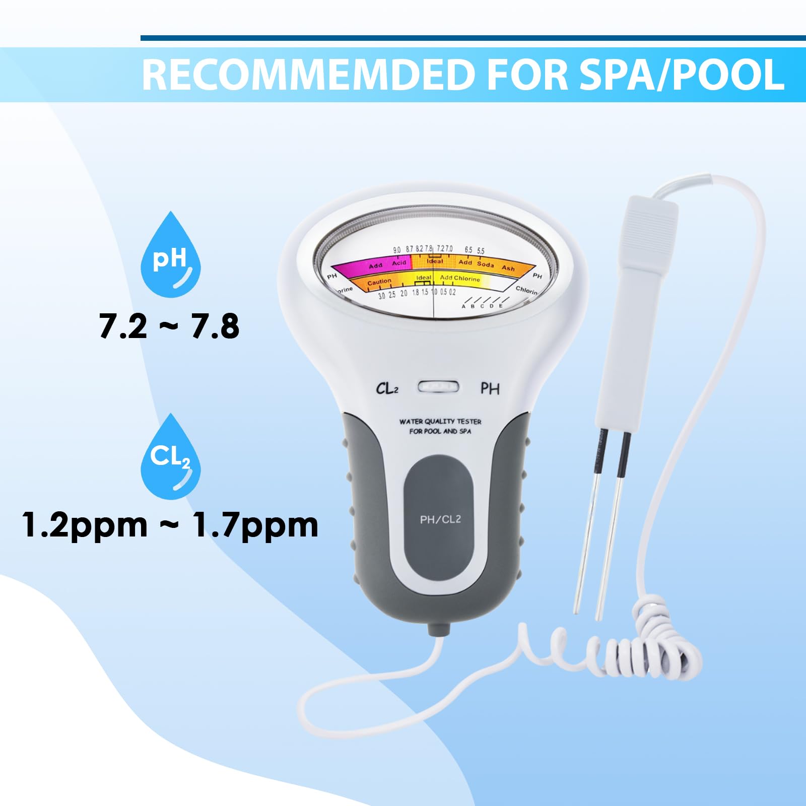 Testeur d'Eau 2en1 pH & Chlore Pour Piscines, Spas, Aquariums et Eau du Robinet Lecture Facile, Kit de Test Précis pour Usage Domestique