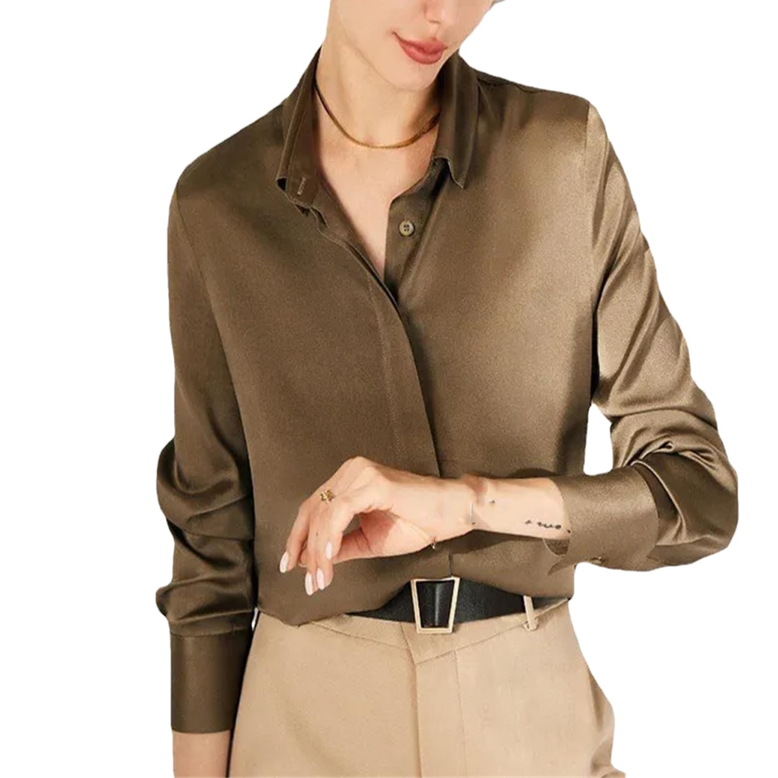 Vogrtcc Blusa de seda para mujer con encaje cosido de manga larga para oficina