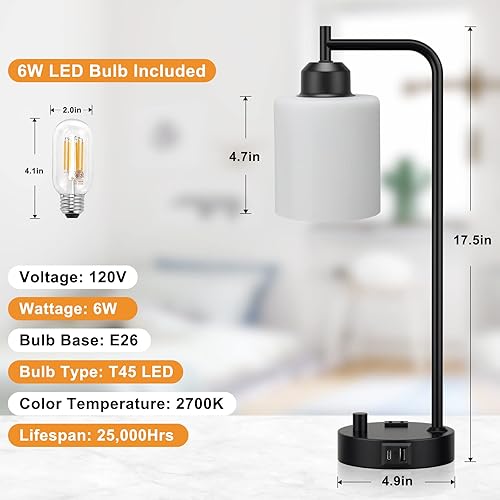 Miniatura 7 de Lámparas de mesa industriales para dormitorio para mesita de noche, lámparas de escritorio con pantalla de vidrio de ópalo blanco con puerto USB C,