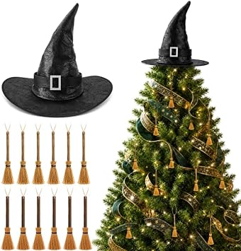 Halloween Witch Hat Tree Topper, Black Magical Wizard Hat and Broom Hanging